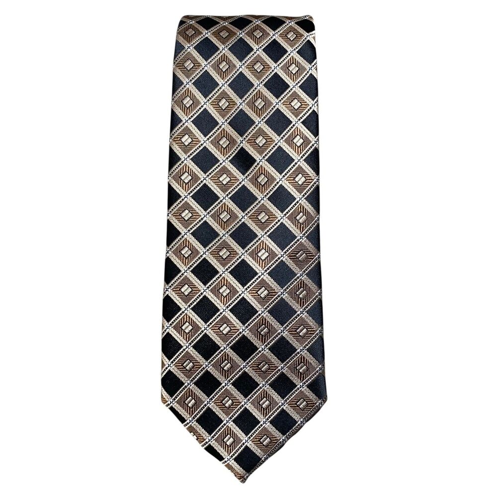 Sean John Mens Tie Black Brown Diamond Pattern Silk Neck Tie
